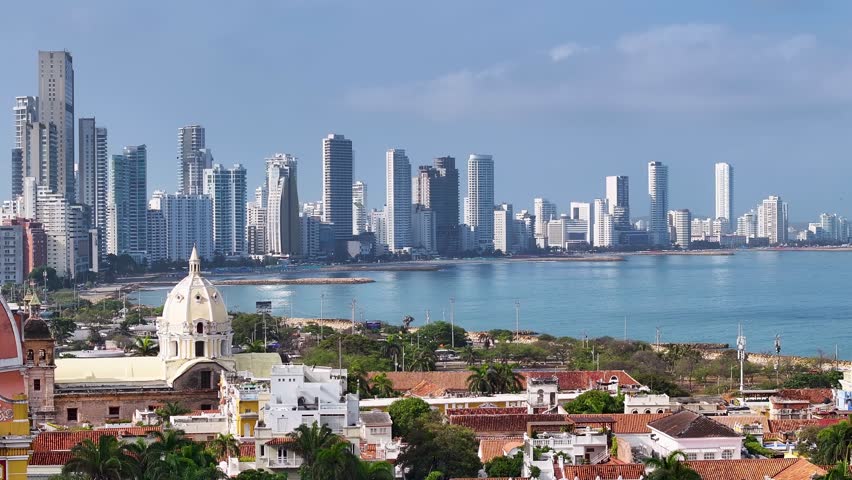 Historic Centre In Cartagena De Indias Bolivar Colombia. Aerial View Of Church Building Dominating The Skyline. Infrastructure Landscape High Rise Building Awesome. Infrastructure Urban.