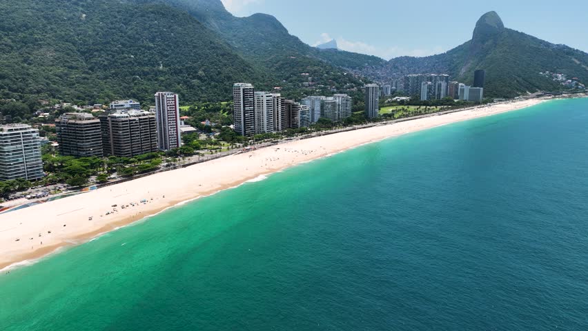Sao Conrado Beach In Downtown Rio De Janeiro Rio De Janeiro Brazil. Stunning Tropical Coastline Beach Scene Viewed From Above. Island Life Landscape Idyllic Beautiful. Island Life Water Edge Coast.