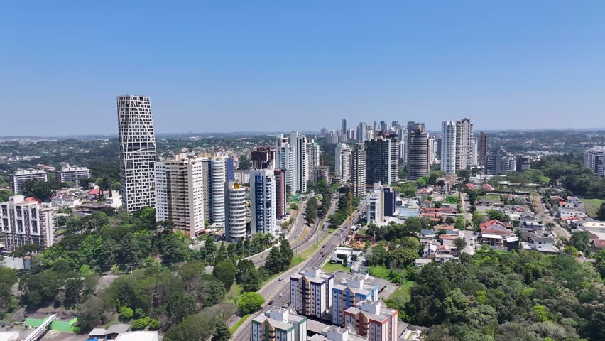 Curitiba Skyline In Curitiba Parana Brazil. Aerial View Of A High-Rise Buildings And Traffic Showcasing Urban Life. Metropole Skyline Commercial Building Vibrant. Metropole Cityscape.