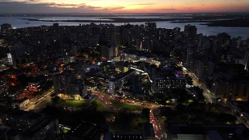 Sunset Skyline In Porto Alegre Rio Grande Do Sul Brazil. Aerial View Of A High-Rise Buildings And Traffic Showcasing Urban Life. Building Industrial Skyline Buildings Awesome.
