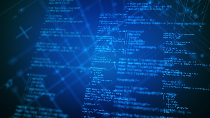 Abstract background futuristic digital screen with glowing blue source code and connected lines. Ideal for cyber, AI, coding, software, or futuristic tech concept