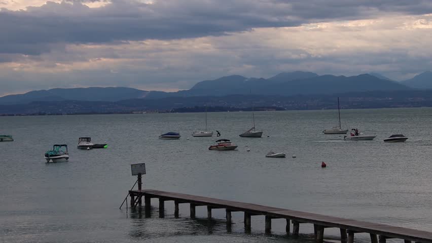 lakeview after sunset from lakeside walkway at Pacengo, Lazise, Lake Garda, Italy