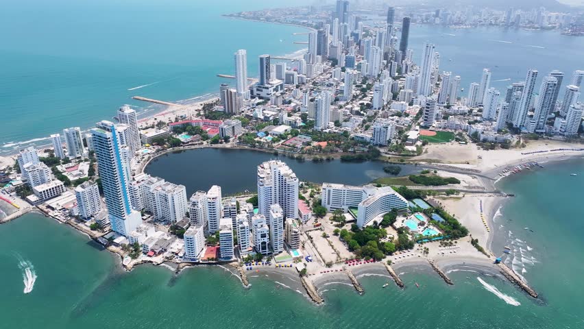 Modern Zone In Cartagena De India Bolivar Colombia. Birds Eye View Of Stunning Cityscape With Streets And Buildings. Construction Landscape Skyscrapers Busy. Construction Enterprise Town.