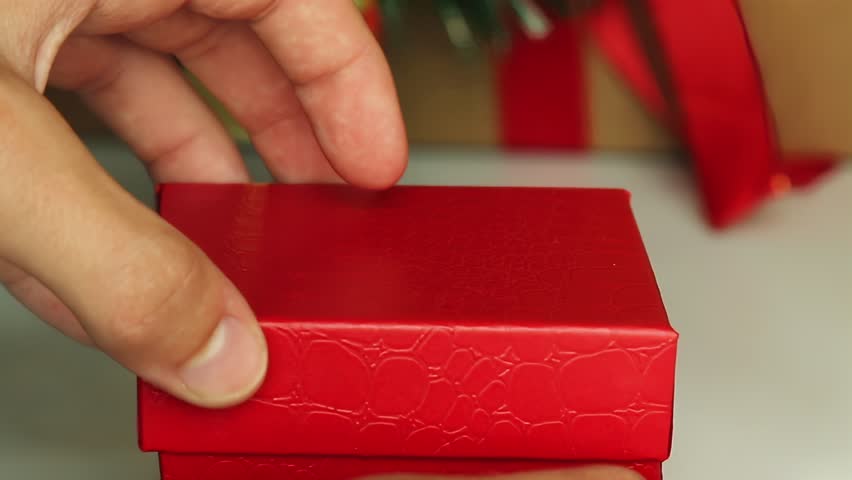 Tiny white hamster revealed as a surprise gift when a bright red box is opened. The curious little rodent peeks out cautiously before fully emerging to explore its new surroundings with interest.