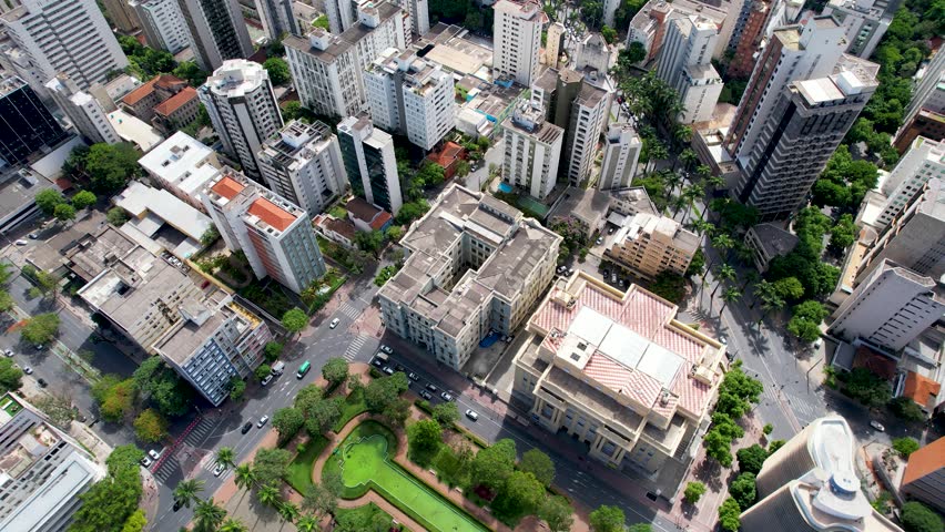 Freedom Square In Belo Horizonte Minas Gerais Brazil. Aerial View Of A City Park Surrounded By Busy Streets And Buildings. Business Sky Downtown Cityscape. Business Downtown Up Above.