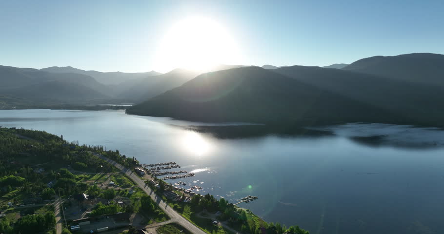 Drone shot of Shadow Mountain Lake at sunrise in Colorado