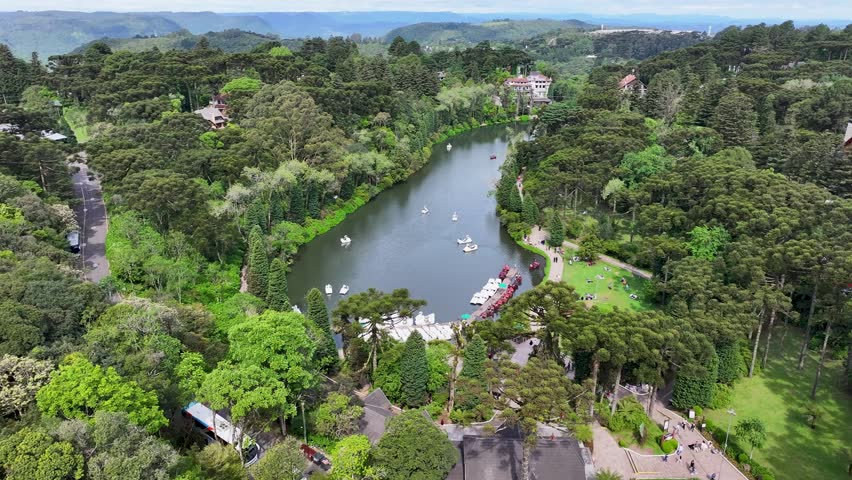 Black Lake In Gramado Rio Grande Do Sul Brazil. Tropical River With A Scenic Forest Trees Viewed From Above. Business Sky Downtown Cityscape. Business Downtown Up Above. Gramado Rio Grande do Sul.