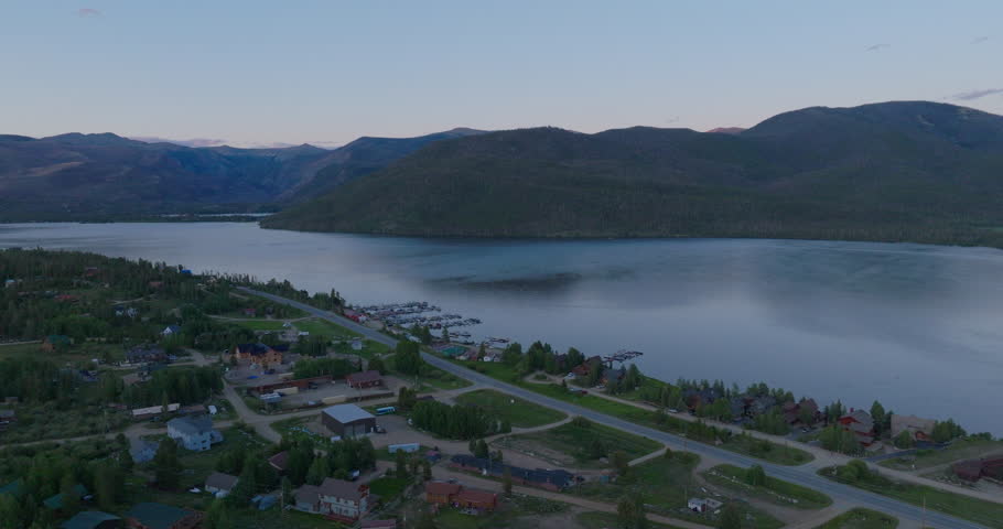 Drone shot of Shadow Mountain Lake at sunset in Colorado