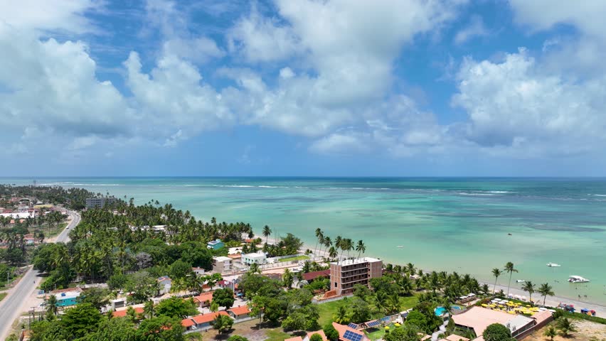 Northeastern Brazil Skyline In Maragogi Alagoas Brazil. Turquoise Ocean Waves Gently Crashing On Tropical Beach. Shore Clouds Sky Beach Sea. Shore Beach Scenic Coastline. Maragogi Alagoas.