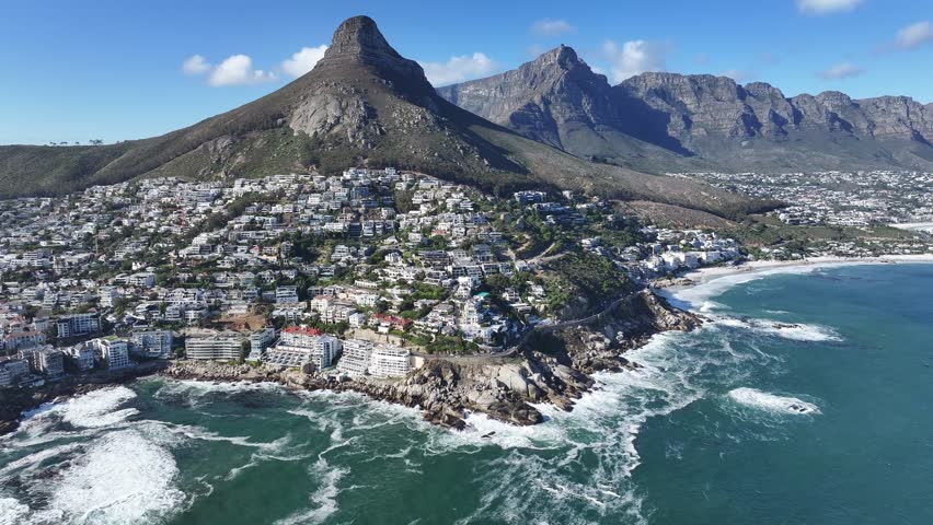 Camps Bay Beach In Cape Town Western Cape South Africa. Bird Eye View Of A Amazing Coastal Beach In The Summer Holiday. Town Sky Backgrounds Urban. Backgrounds Downtown Panoramic City.