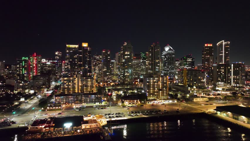 San Diego Skyline In San Diego California United States. Birds Eye View Of Stunning Cityscape With Streets And Buildings. Night Elevated Road Downtown Cityscape. Night Downtown Panorama.