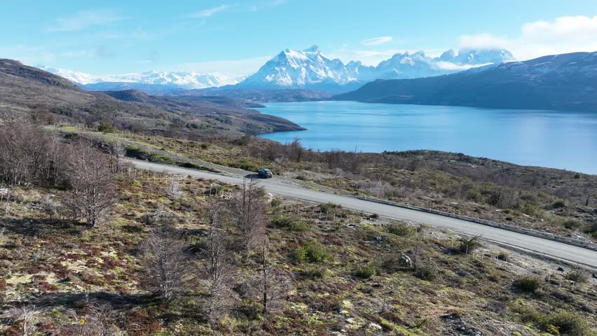 Patagonia Road In Torres Del Paine Punta Arenas Chile. Stunning Landscape Of Highway Road Viewed From Above. Outdoor Travel Patagonia Glacier. Snow Covered Aerial View Floresta.