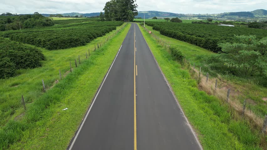 Country Road In Country Scene Rural Landscape Brazil. Birds Eye View Of Peaceful Mountains Valley And Forest Trees. Countryside Sky Rural Field. Agro Rural Panoramic. Country Scene Rural Landscape.