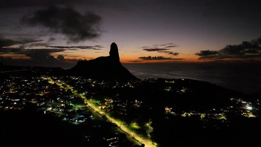 Sunset In Fernando De Noronha Pernambuco Brazil. Breathtaking Aerial View Of A Lush Tropical Coastline Scenery. Sunset City Seaside. Coast Outdoor Panoramic. Fernando de Noronha Pernambuco.