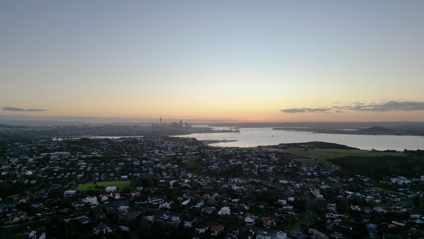 Golden Sunset Above Auckland, Scenic Suburbs and Cityscape, New Zealand