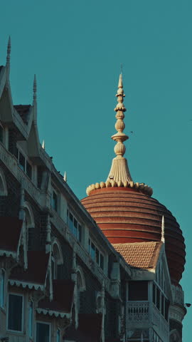 Mumbai, India. Close-up View On Taj Mahal Palace Is Heritage, Five-star, Luxury Hotel In Colaba Area Of Mumbai Situated Next To Gateway Of India. Finest Hotel In East. Blue Clear Sky In Sunny Day With