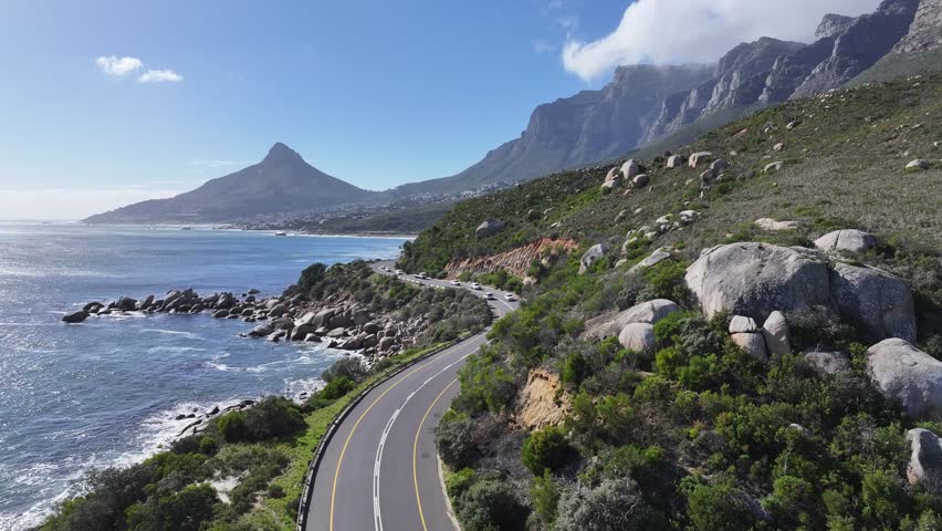 Coastal Road In Cape Town Western Cape South Africa. Stunning Landscape Of Highway Road Viewed From Above. Shore Horizon Beach Sea. Outside Beach Panorama. Cape Town Western Cape.