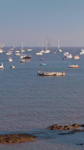 Mumbai, India. View On Many Ships And Boats Drift In Mumbai Harbour Or Bombay Harbour Or Front Bay. Picturesque Bay Situated In Arabian Sea. Boat With Tourists Floating On Arabian Sea.