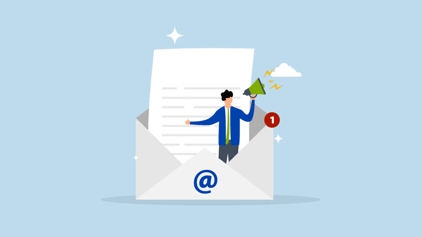 4k animation of entrepreneur positioned inside email envelope proclaiming promotion via megaphone. 