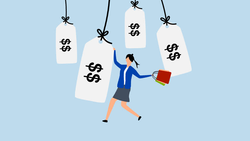 Shopping promotion, 4k animation of woman dressed in elegant stylish outfits carrying shopping bags marked with discount tags. 
