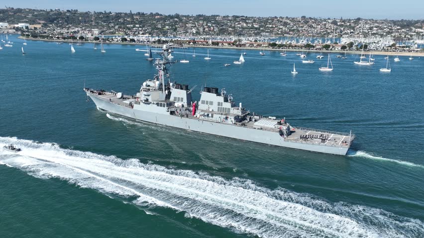 Navy Ship In San Diego California United States. Breathtaking Of Iconic Military Ship Viewed From Above. Business Sky Downtown Cityscape. Outside Downtown Panorama. San Diego California.