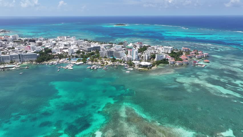 San Andres Skyline In San Andres Providencia Y Santa Catalina Colombia. Breathtaking Aerial View Of Caribbean Landscape. Shore Horizon Beach Sea.