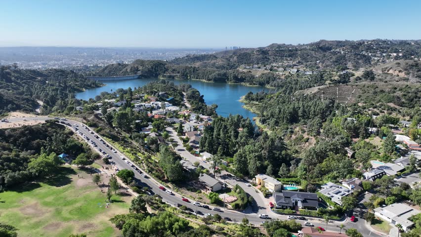 Hollywood Reservoir In Hollywood Los Angeles United States. Tropical River With A Scenic Forest Trees Viewed From Above. Deserted Outdoor Farmer Stunning. Deserted Forest. Hollywood Los Angeles.