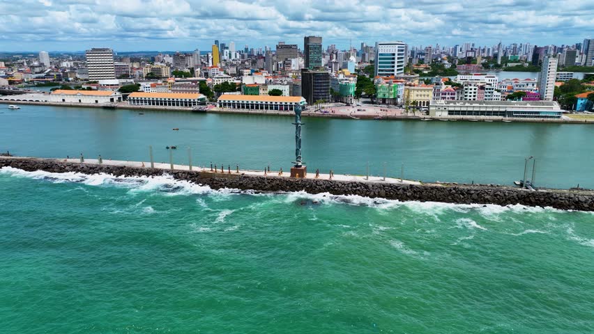 Sculpture Park In Recife Pernambuco Brazil. Aerial View Of Stunning Beach With Crystal Clear Waters. Business Sky Clouds Downtown Cityscape. Backgrounds Panoramic. Recife Pernambuco.