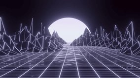 Technology perspective grid with mountain retro landscape background. Futuristic cyber surface 80s - 90s styled. Purple mesh on a colors background with the bright sun. 3d rendering. - Powered by Shutterstock - Get 15% off with code: PIKWIZARD15