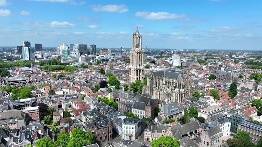 Aerial from the city Utrecht with the Dom tower in the Netherlands	