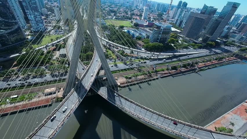 Cable Bridge In Downtown Sao Paulo Brazil. Elevated Road Bridge Symbol Of The City Viewed From Above. Town Sky Backgrounds Urban. Backgrounds Downtown Panoramic City. Downtown Sao Paulo.