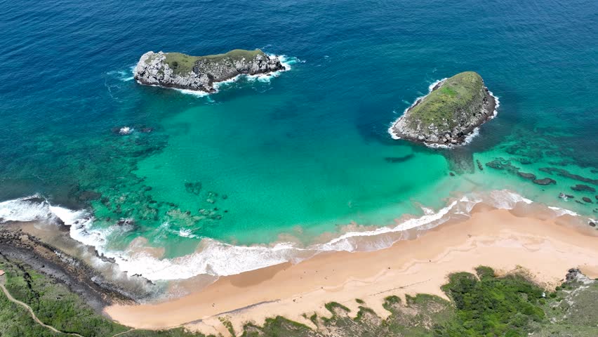 Lion Beach In Fernando De Noronha Pernambuco Brazil. Breathtaking Aerial View Of A Lush Tropical Coastline Scenery. Shore Horizon Beach Sea. Outside Beach Panorama. Fernando de Noronha Pernambuco.