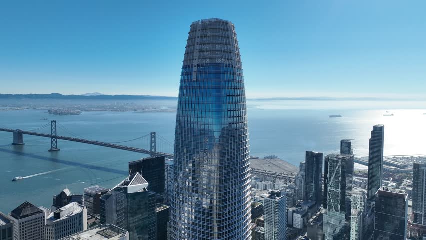 Salesforce Tower In San Francisco California United States. High Rise Building And Busy Traffic In Downtown Cityscape. Metropole Landscape Company Building Stunning. Company Building.