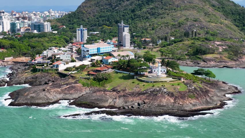 Santa Luzia Lighthouse In Vitoria Espirito Santo Brazil. Birds Eye View Of Lighthouse Standing Tall Against The Blue Sky. Town Sky Backgrounds Urban. Exterior Backgrounds Panorama.