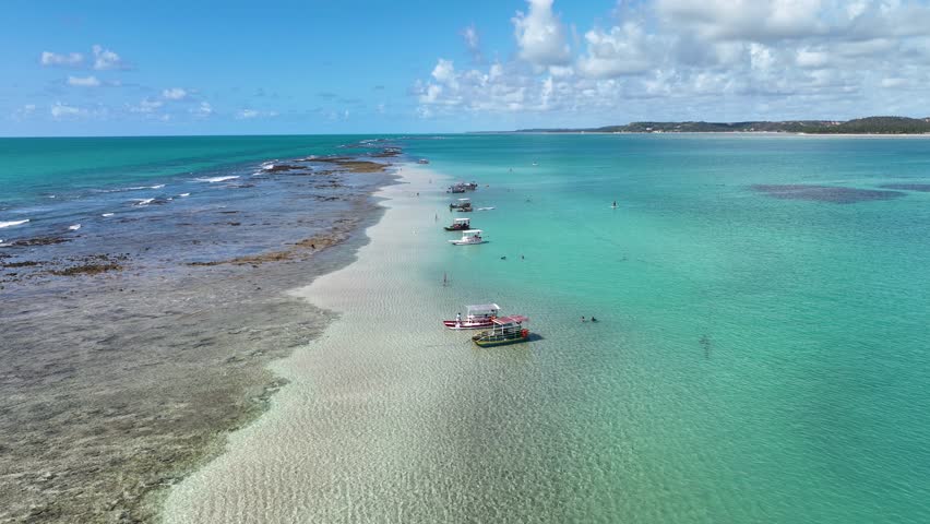 Northeastern Brazil Skyline In Japaratinga Alagoas Brazil. Breathtaking Aerial View Of A Lush Tropical Coastline Scenery. Shore Clouds Sky Beach Sea. Shore Beach Scenic Coastline.