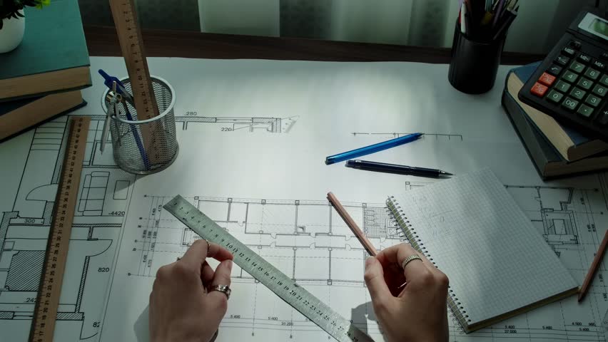 An architects hands working on a detailed blueprint with various drafting tools, including rulers and pencils. Slow motion