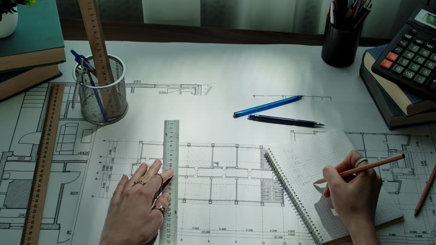 An architects hands working on a detailed blueprint with various drafting tools, including rulers and pencils. Slow motion
