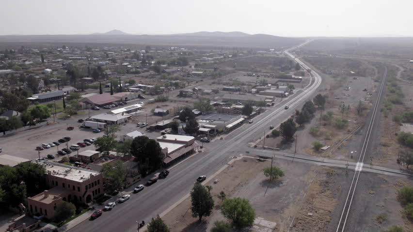 Aerial View of shops and businesses in Marathon, Texas downtown, a small town outside of Big Bend National Park