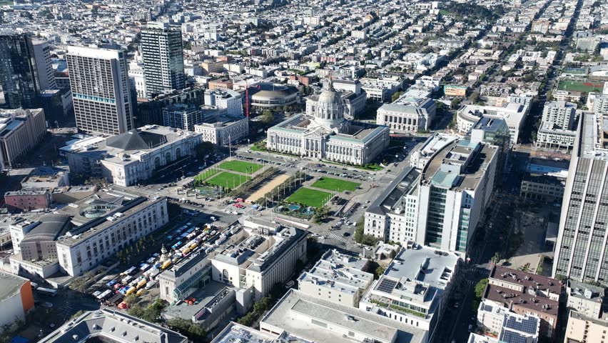 City Hall In San Francisco California United States. Bustling Downtown Cityscape With Modern Buildings. Town Sky Backgrounds Urban. Town Outdoor Downtown Panning Wide. San Francisco California.