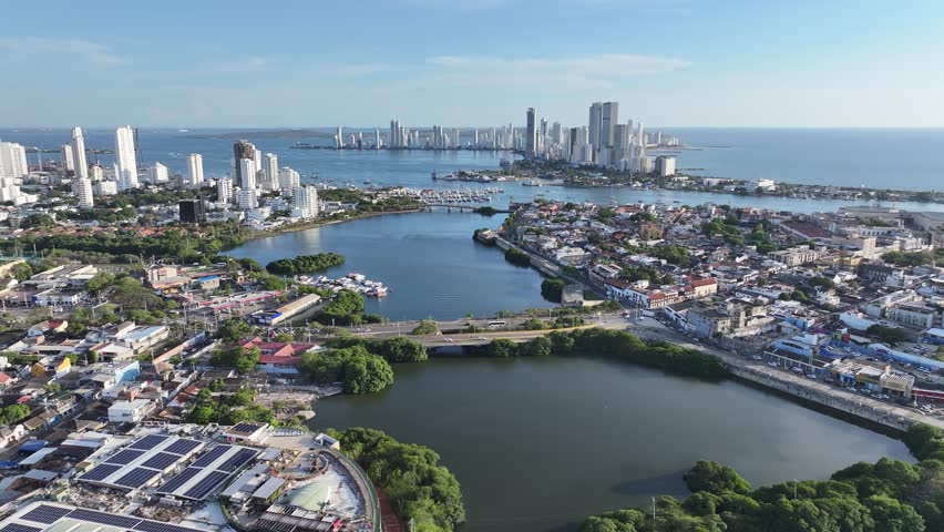 Cartagena Skyline In Cartagena De Indias Bolivar Colombia. Stunning Tropical Coastline Beach Scene Viewed From Above. Business Sky Clouds Downtown Cityscape. Business Backgrounds Panorama.