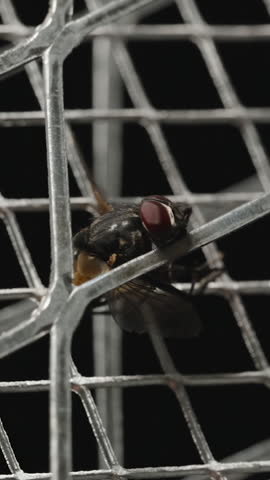 Vertical video. Close-Up of Housefly Exploding into Pieces from Electric Shock in Metal Grid Trap with Sparks and Smoke Visible, Slow Motion Effect, Dark Background, Low Angle.