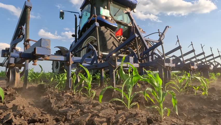 The tractor with interrow cultivator in corn field for mechanical weed control between the plant rows, slow motion. Spring day landscape, rural scene. Low angle view - close up
