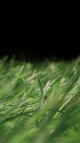 Macro Slider Shot Moving Through Dense Blades of Artificial Green Grass with Shallow Depth and Smooth Forward Motion Against Dark Background Concept Synthetic Nature and Surface Detail.