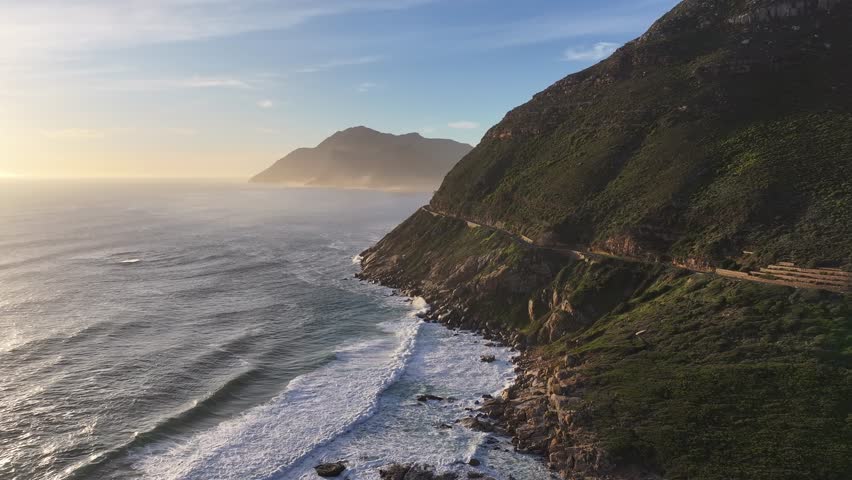 Noordhoek Beach In Cape Town Western Cape South Africa. Aerial View Of Stunning Beach With Crystal Clear Waters. Sunset Coast Clouds City Seaside. Coast South America. Cape Town Western Cape.