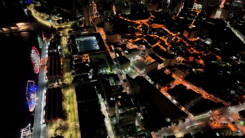 Night Harbor Zone In Rio De Janeiro Brazil. Modern City Center With Skyscrapers Reflecting The Urban Life. Building Construction Landscape Birds View Busy. Construction Corporate.