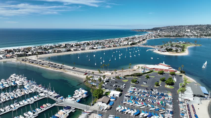 Mission Bay In San Diego California United States. Bird Eye View Of A Amazing Coastal Beach In The Summer Holiday. Island Life Landscape Season Beautiful. Summertime Season Coast.