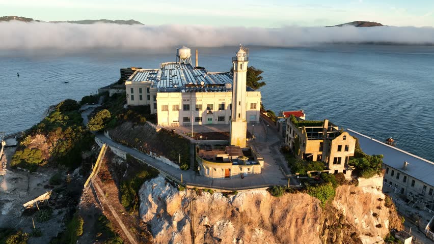 Alcatraz Island In San Francisco California United States. Aerial View Of A Bustling Ligthhouse In A Coast City. Coast Sky Clouds Seaside Summertime. Coast Scenic Coastline. San Francisco California.