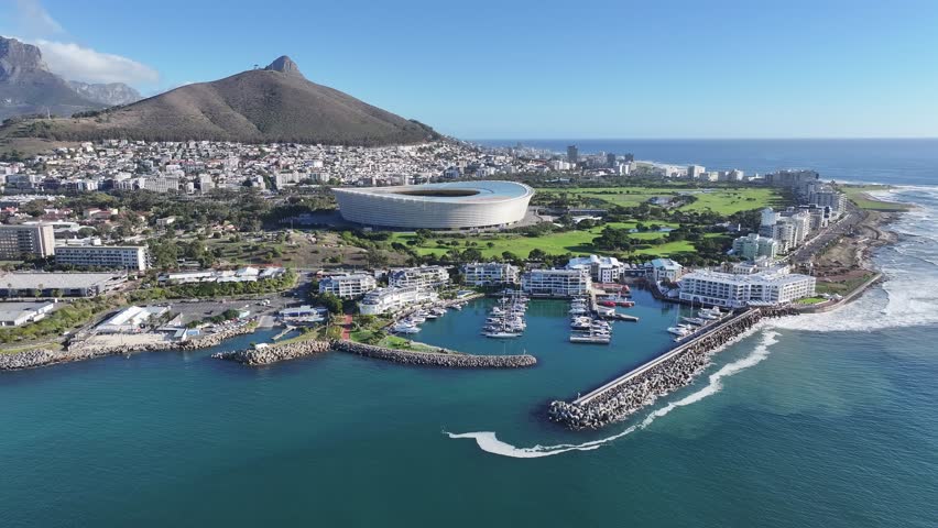 Downtown District In Cape Town Western Cape South Africa. Amazing Sports Arena Landscape In The Downtown District. Coast Sky Clouds Seaside Summertime. Coast Scenic Coastline. Cape Town Western Cape.