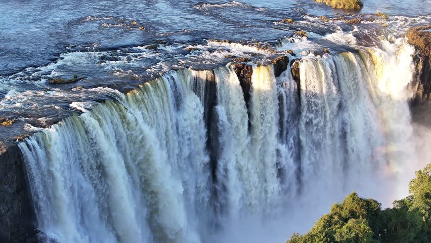 Scenic Water Fall In Victoria Falls Matabeleland North Zimbabwe. Powerful Waterfall Cascading Over Rocky Cliff Into Mist. Idyllic Forest Waterfall Landscape Beautiful. Idyllic Tropical.