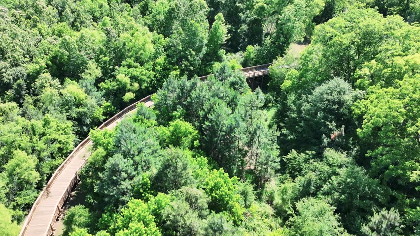 aerial footage of a gorgeous landscape with lush green trees and grass at Etowah River Park in Canton Georgia USA